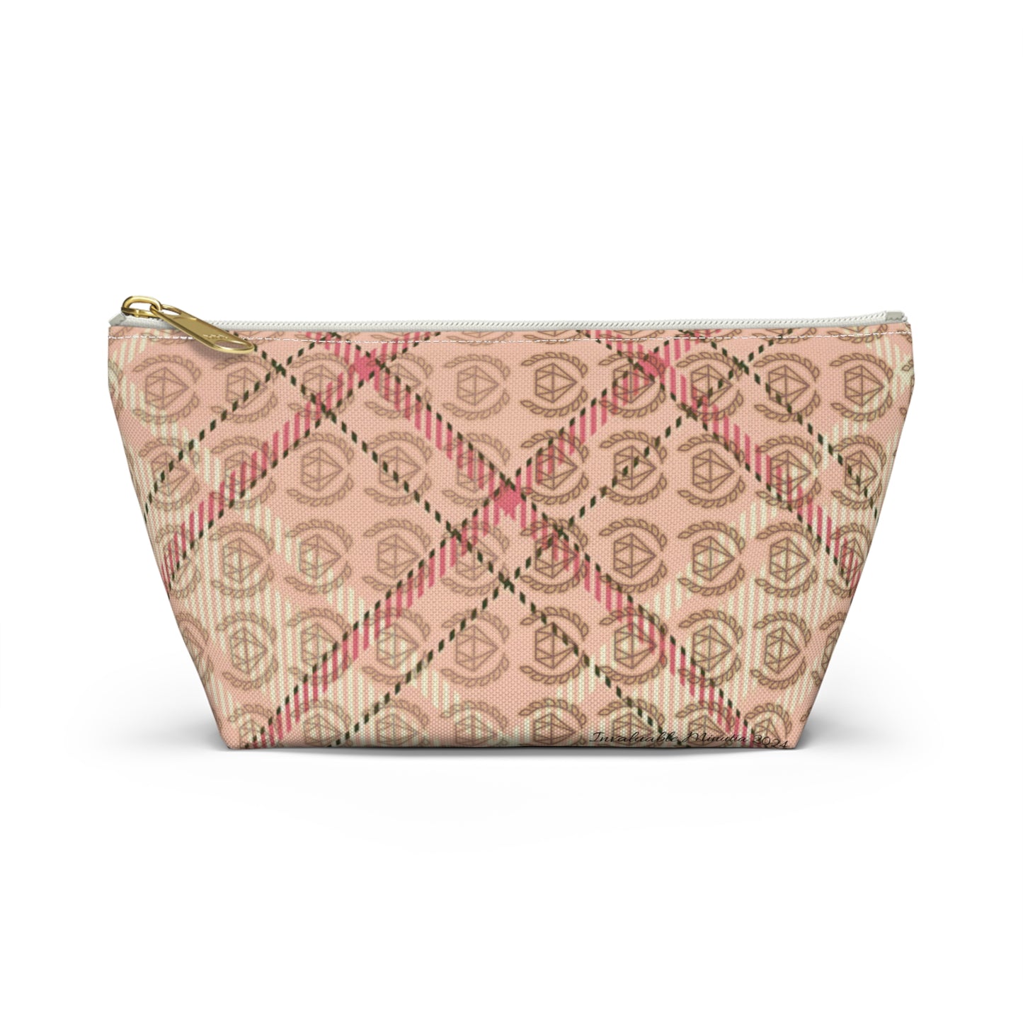 Elegant Plaid T-Bottom Accessory Pouch • Soft Pink Travel Bag with Boutique Monogram • Small or Large Sizes