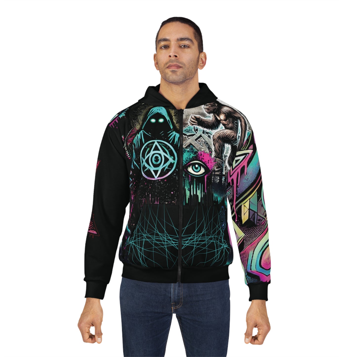 Unisex Zip Hoodie (AOP) Black - Cryptid Conspiracy Graffiti Design