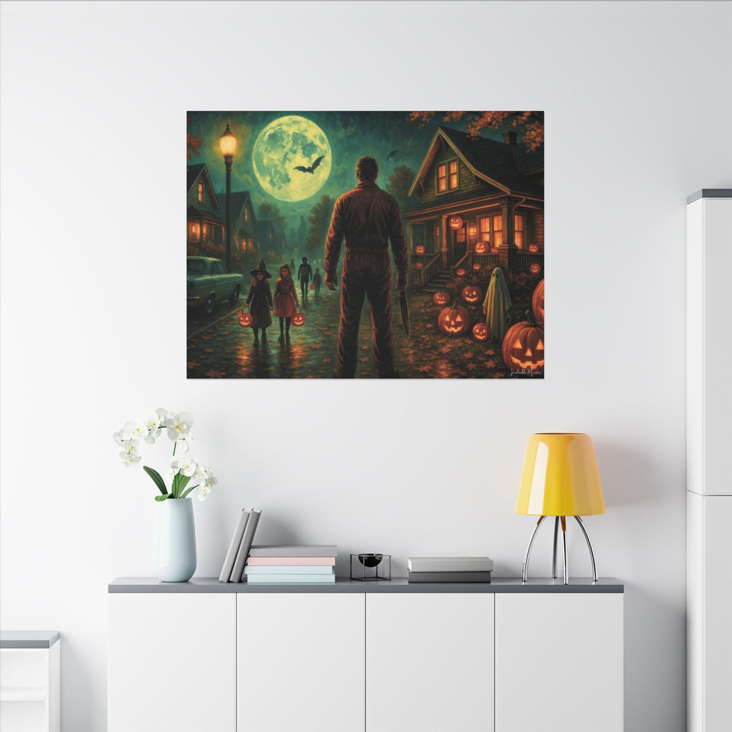 Halloween Neighborhood Scene Canvas Print β Retro Suburban Trick-or-Treat, Glowing Pumpkins & Full Moon Wall Art
