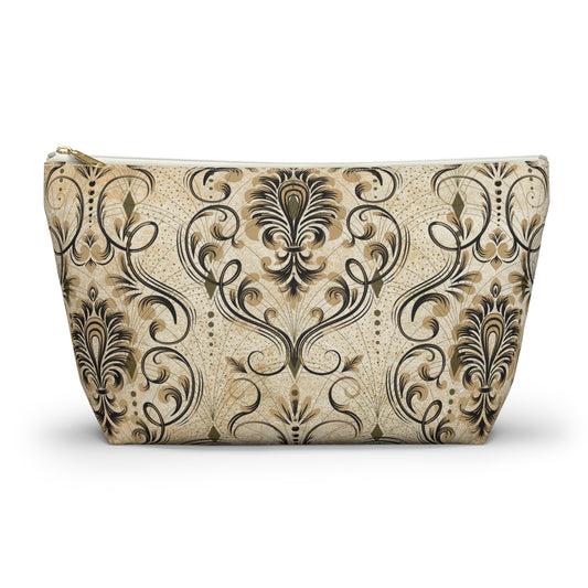 Vintage Damask T-Bottom Pouch • Ornate Gold Baroque Makeup or Travel Bag • Small or Large Sizes