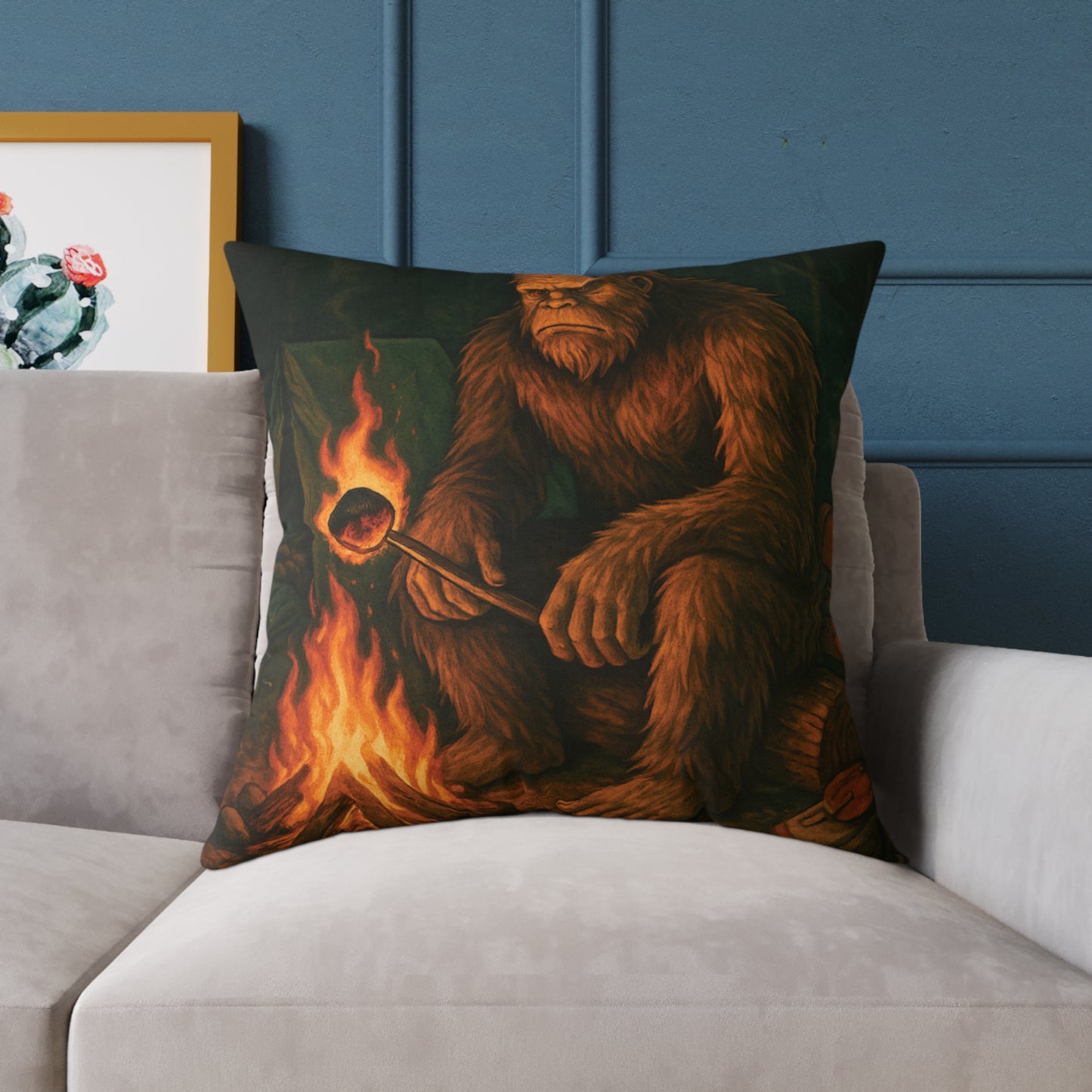 Bigfoot Burnt the S’more – Cryptid Campsite Canvas Throw Pillow