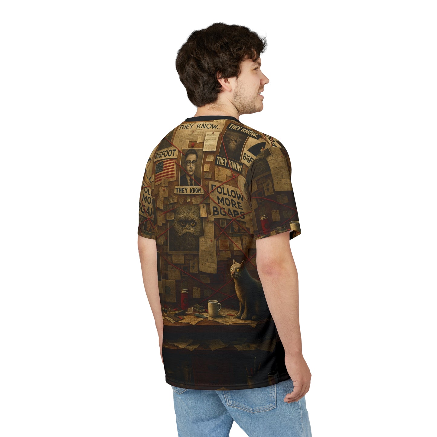 Bigfoot Conspiracy Tee, Unisex T-Shirt, Funny Graphic Tee, Unique Gift for Halloween, Cryptid Lover Fashion, AOP Apparel
