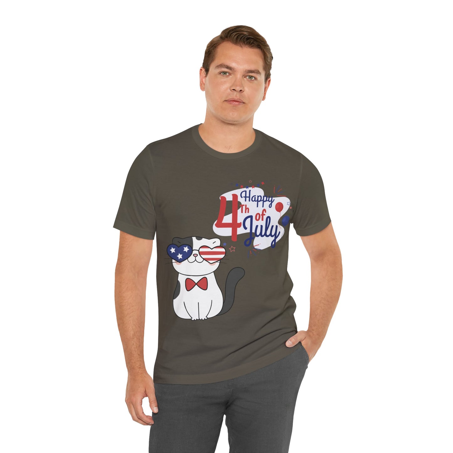 Patriotic Party Cat Tee – Happy 4th of July – Unisex Bella+Canvas Jersey Tee - 4th of July Tee
