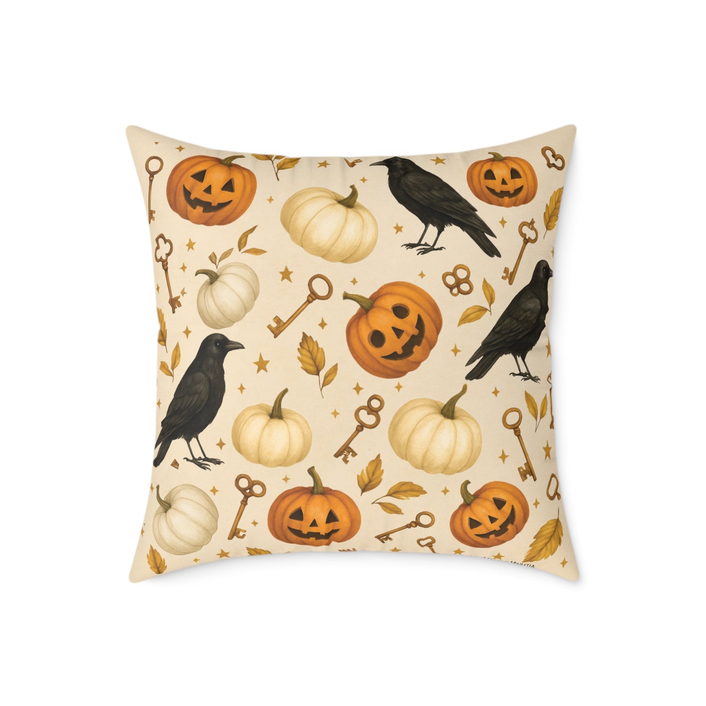 Boutique Halloween Throw Pillow – Crow & Pumpkin Pattern (Reversible Dot Back, Colorway™ Poly Canvas)
