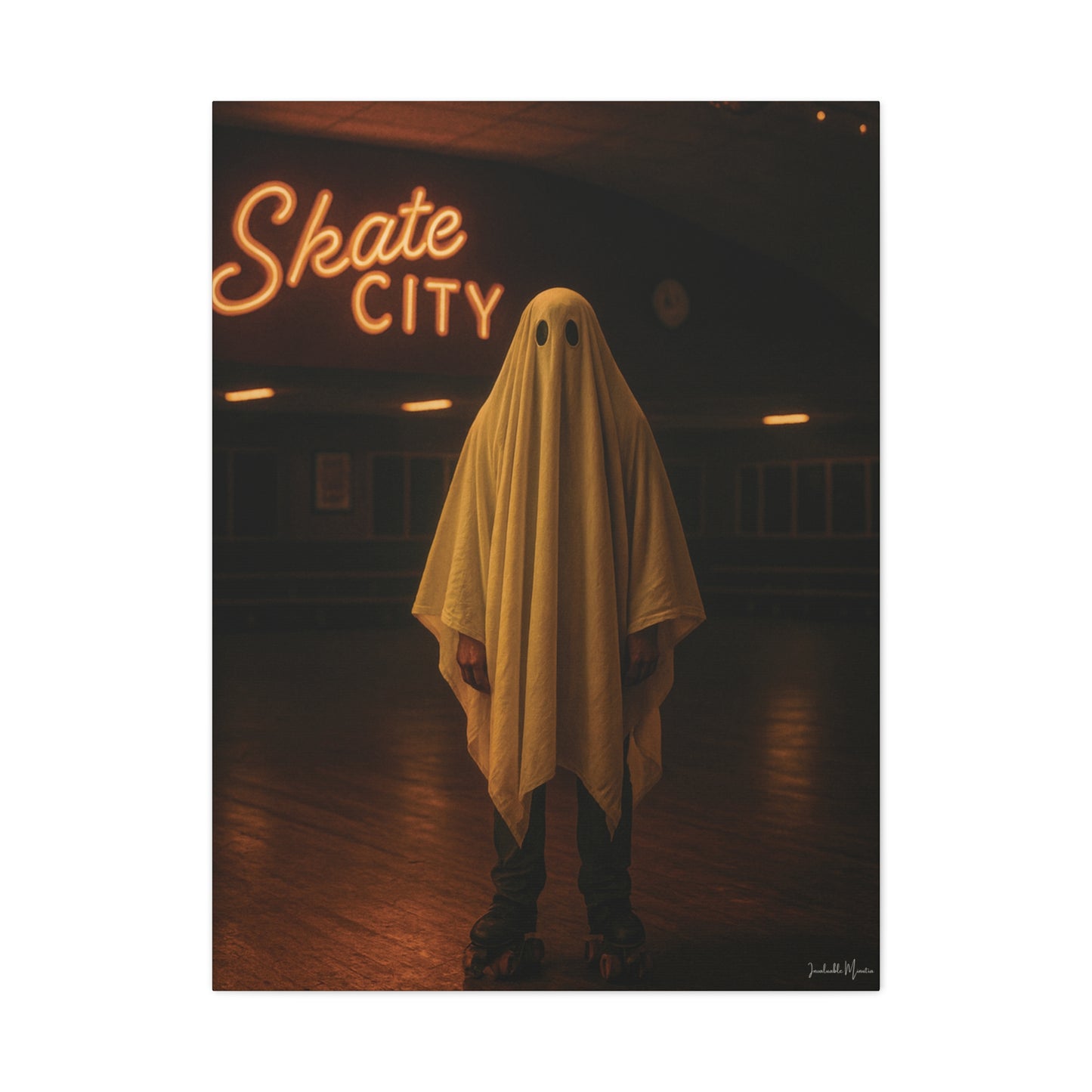 Ghost at the Roller Rink Canvas Wall Art β Retro 80s Nostalgic Halloween Decor
