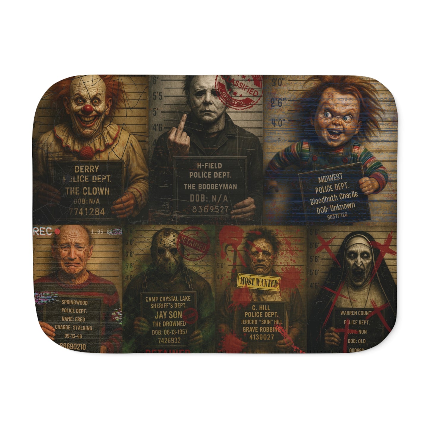 Horror Villains Mugshot Sherpa Fleece Blanket โ Premium Cozy Throw, 3 Sizes, Free Worldwide Shipping