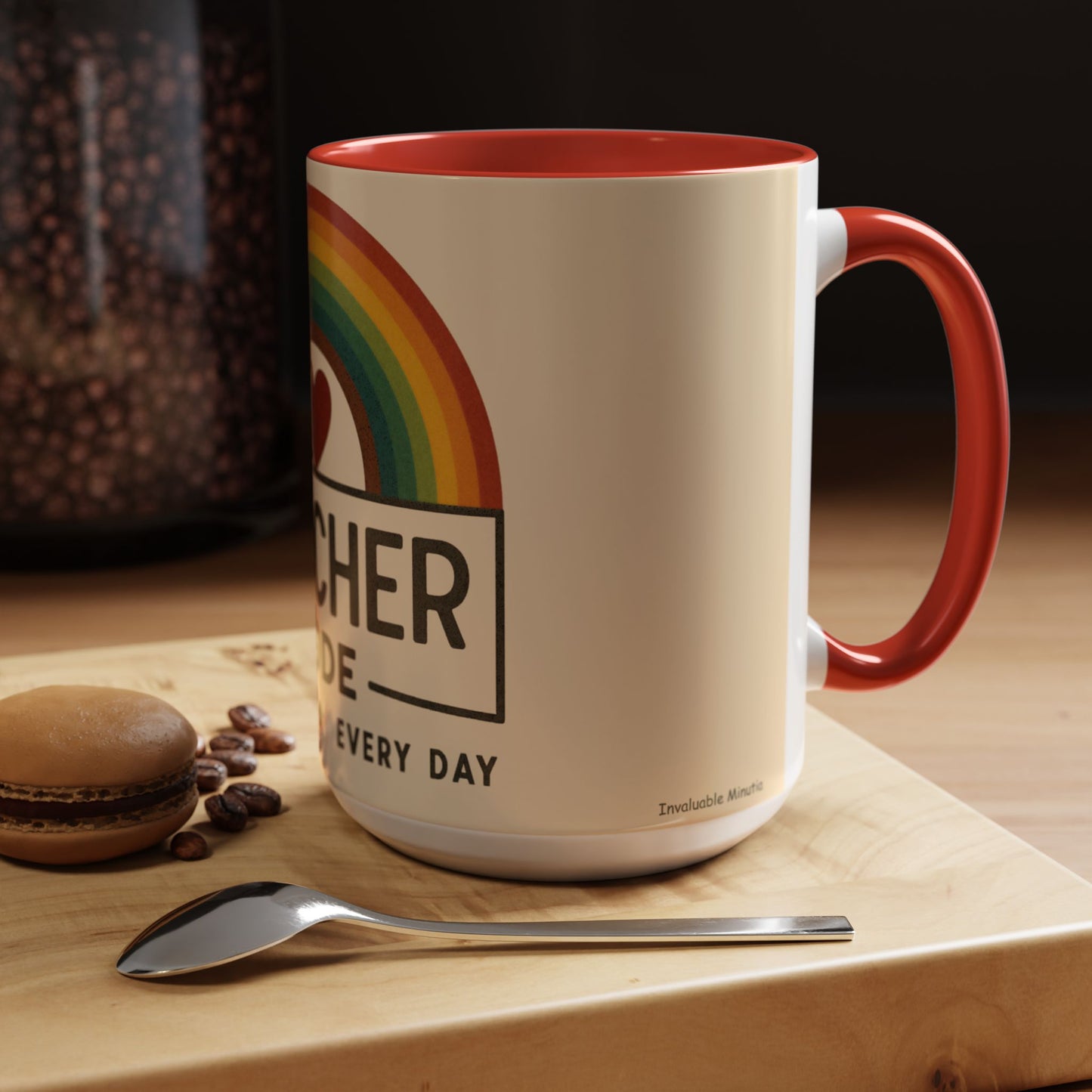 Teacher Mode – Color Accent Mug (11oz/15oz) • Rainbow Heart • Teacher Gift • Dishwasher & Microwave Safe