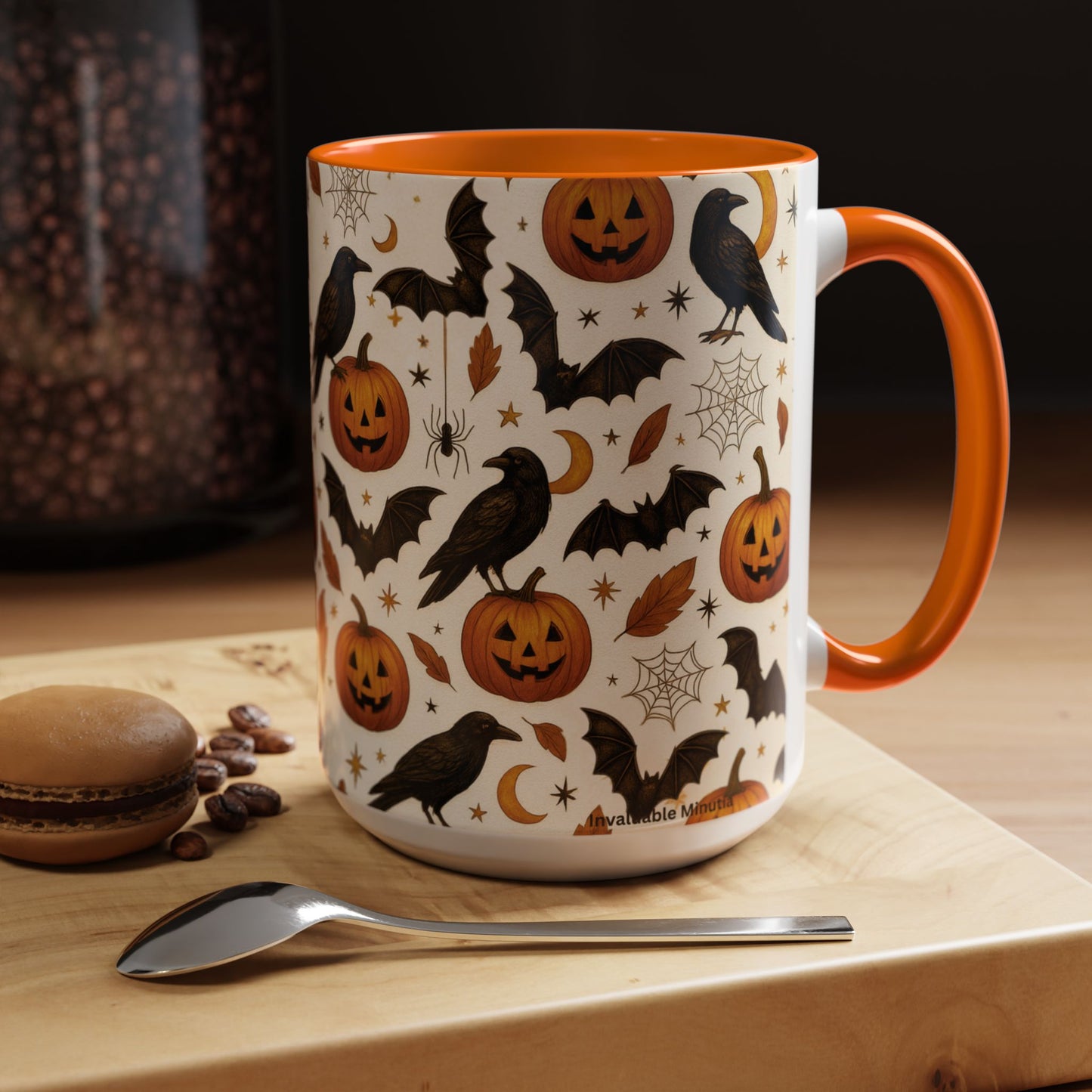 Halloween Raven & Pumpkin Color Accent Mug β Gothic Crow, Bats & Jack-oβ-Lantern Coffee Cup (11oz & 15oz) β Spooky Autumn Drinkware