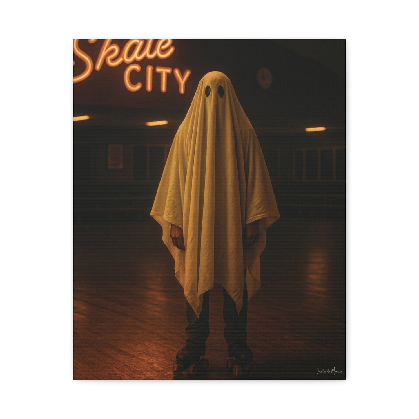 Ghost at the Roller Rink Canvas Wall Art β Retro 80s Nostalgic Halloween Decor