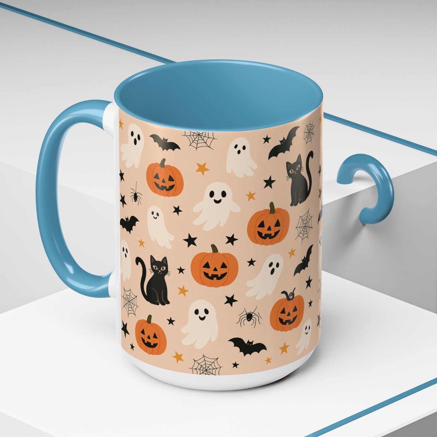 Halloween Color Accent Mug β Ghosts, Pumpkins & Black Cats, Fall Coffee Cup (11oz & 15oz) β Boutique Spooky Season Drinkware