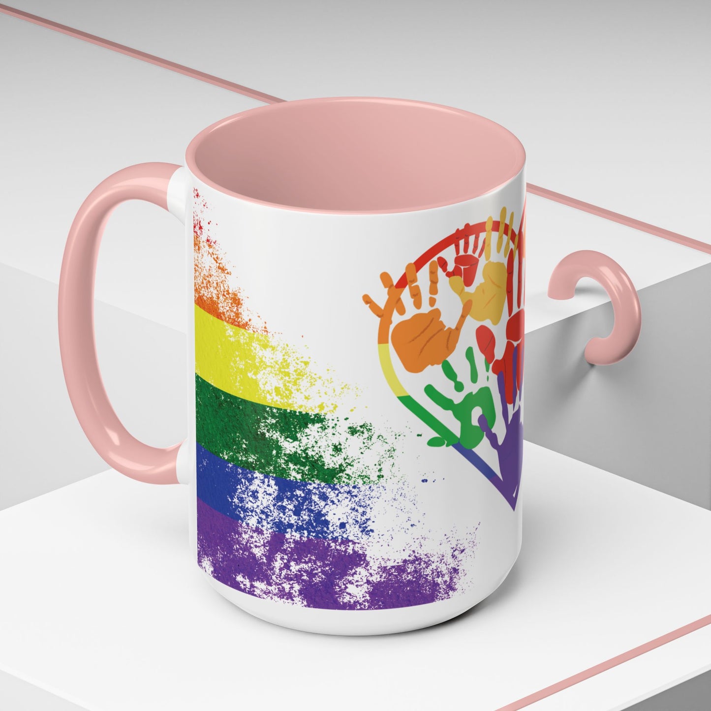 Handprint Heart Pride Mug | Rainbow Splash Ceramic Cup | 11oz & 15oz