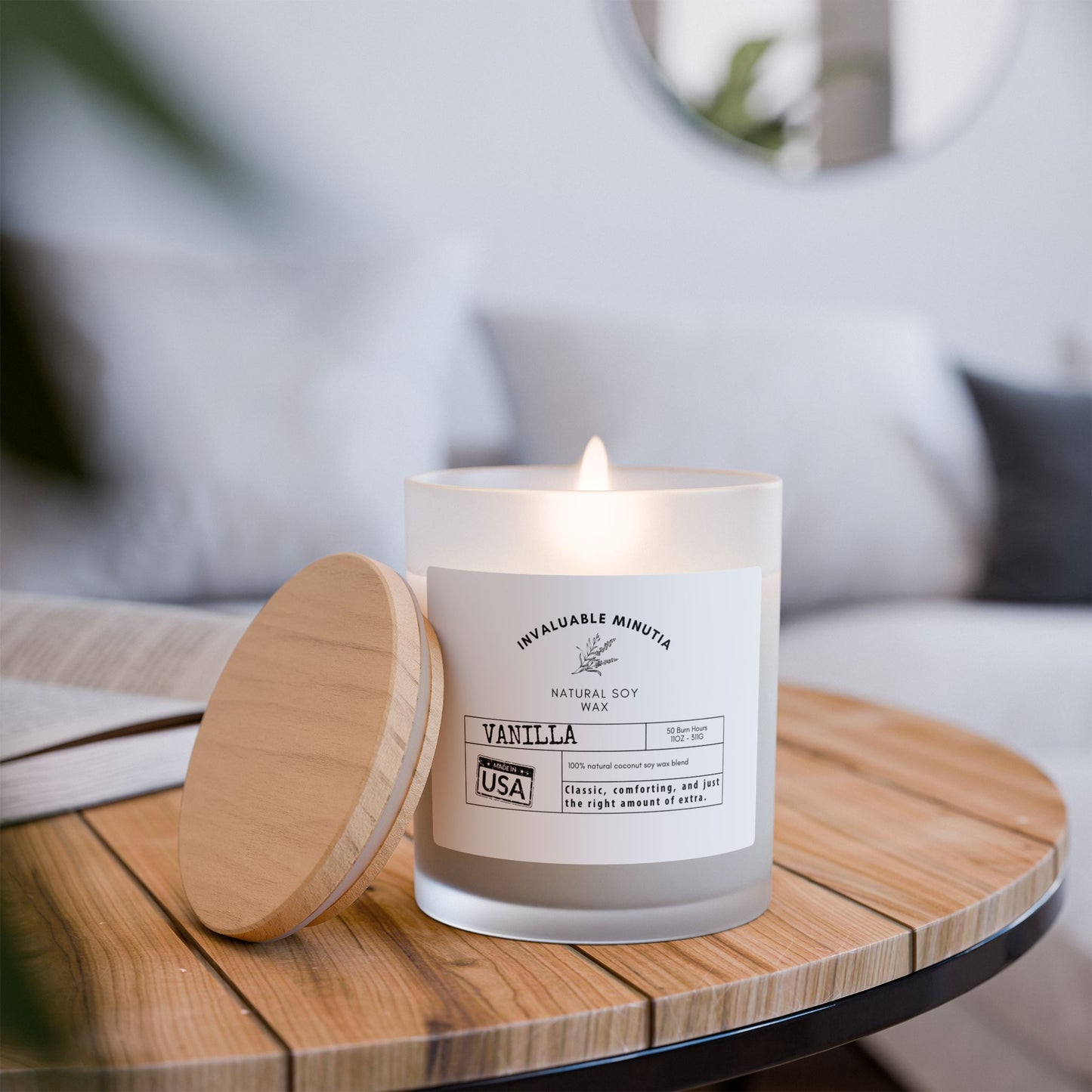 11oz Frosted Glass Natural Soy Wax Candle with Wooden Wick – Available in 9 Scents