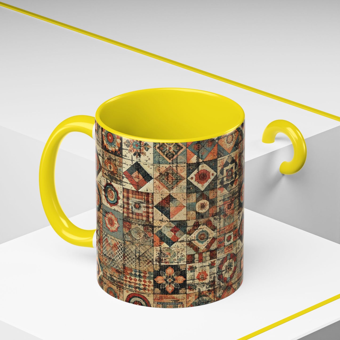 Boho Patchwork Quilt Mug | Vintage Accent Coffee Mug (11oz/15oz)