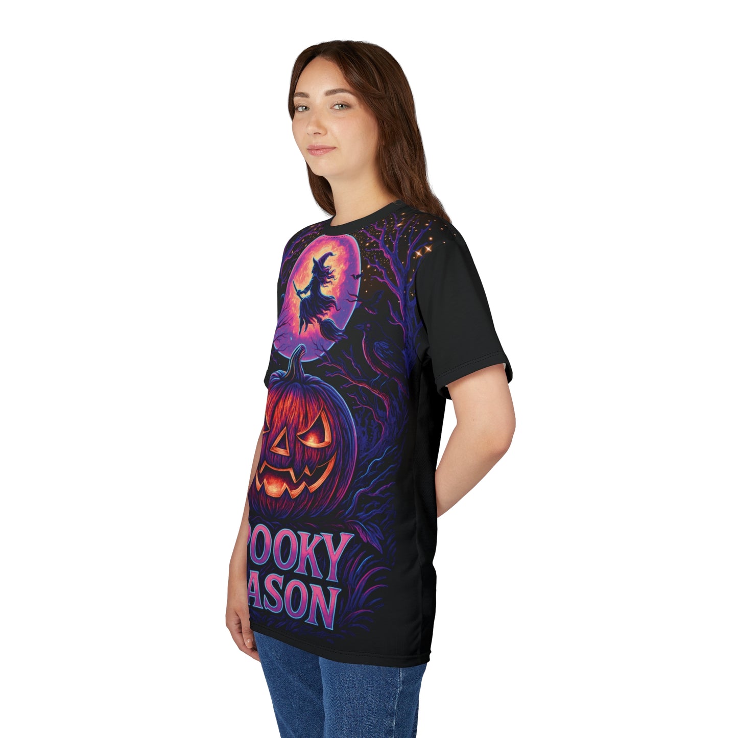 Neon Halloween AOP T-Shirt – Spooky Season Jack-o’-Lantern & Witch Design (All-Over Print)