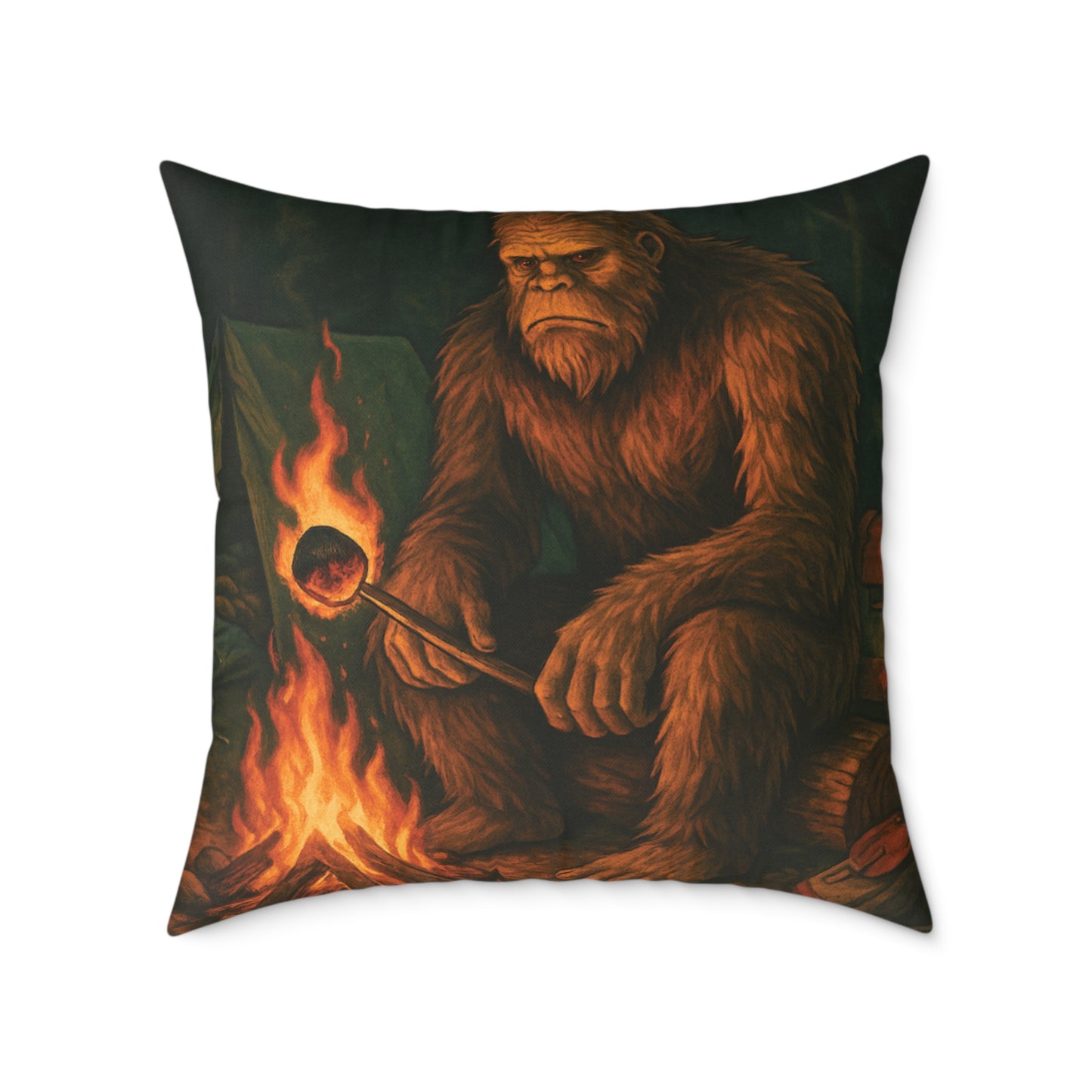 Bigfoot Burnt the S’more – Cryptid Campsite Canvas Throw Pillow