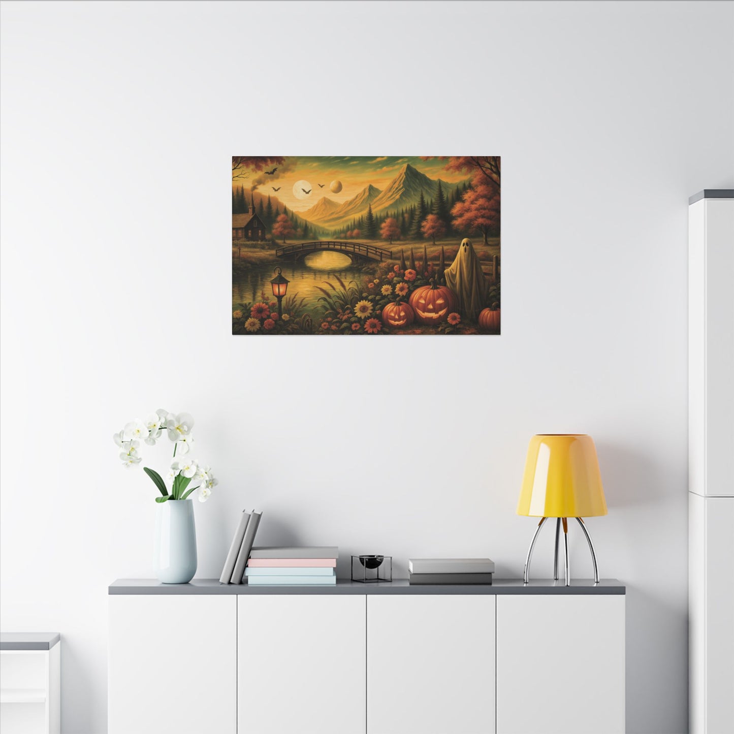 Ghost in the Garden – Autumn Halloween Landscape Canvas Print