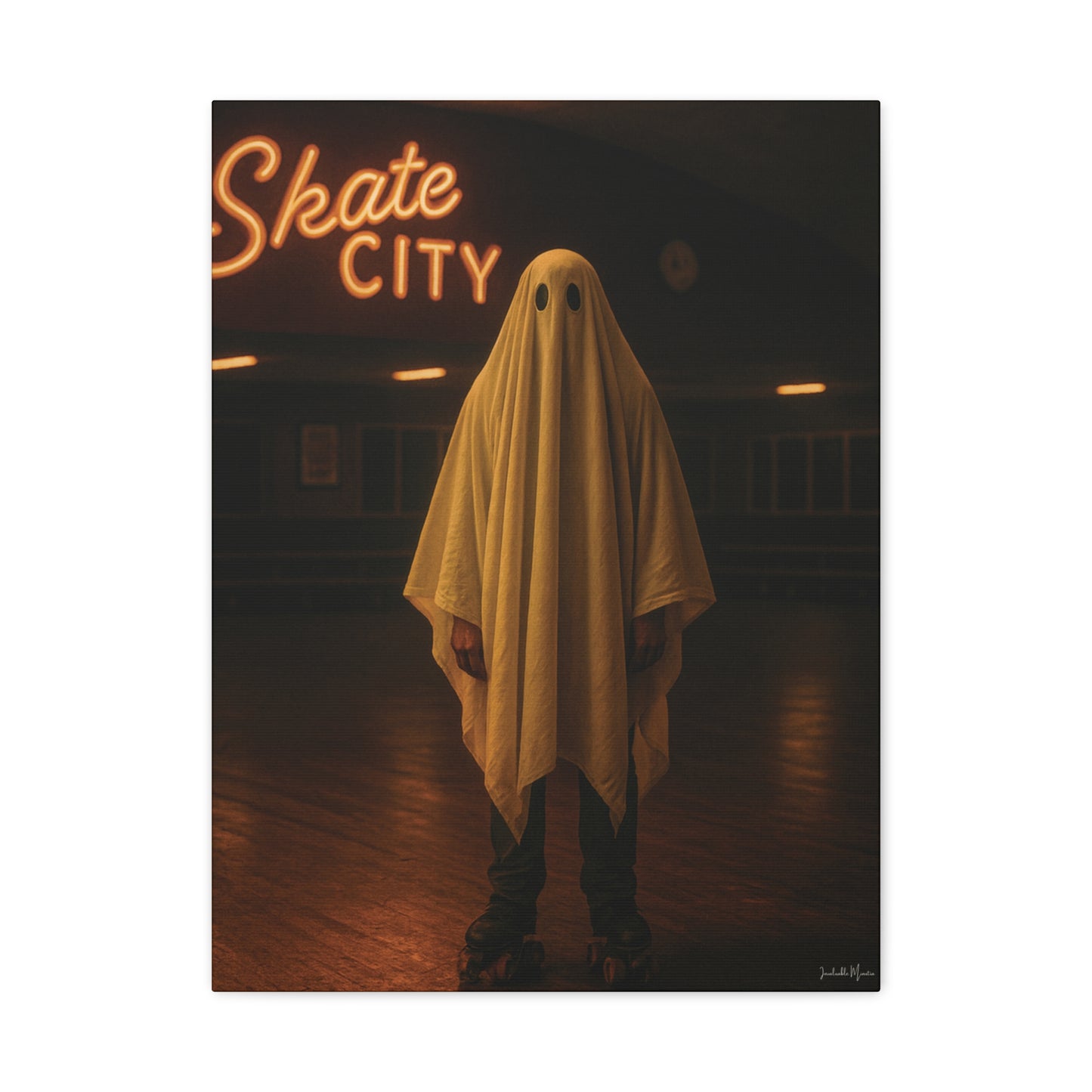 Ghost at the Roller Rink Canvas Wall Art β Retro 80s Nostalgic Halloween Decor
