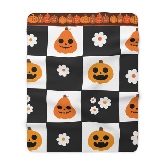 Pumpkin Patch Panic – Halloween Checkerboard Sherpa Fleece Blanket