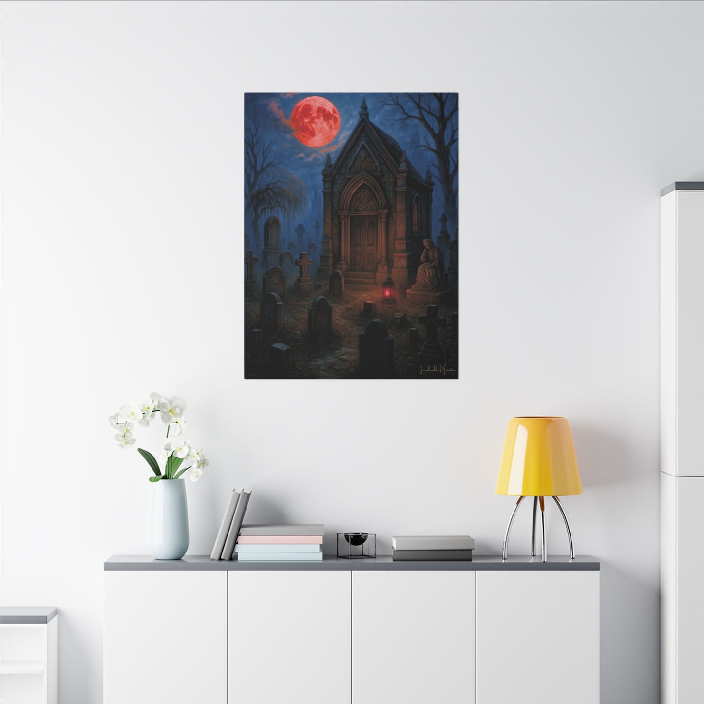 "Blood Moon Mausoleum" – Gothic Graveyard Fine Art Matte Canvas Print (Vertical)