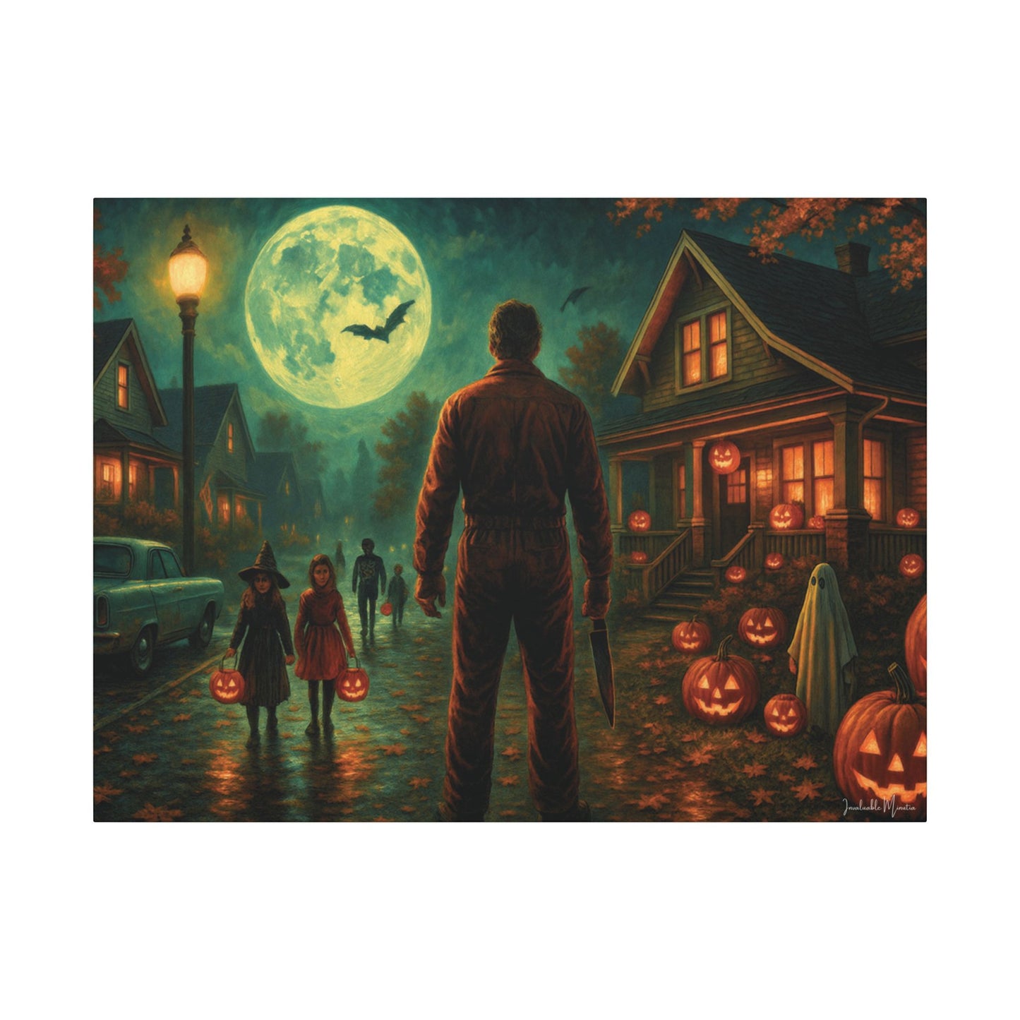 Halloween Neighborhood Scene Canvas Print β Retro Suburban Trick-or-Treat, Glowing Pumpkins & Full Moon Wall Art