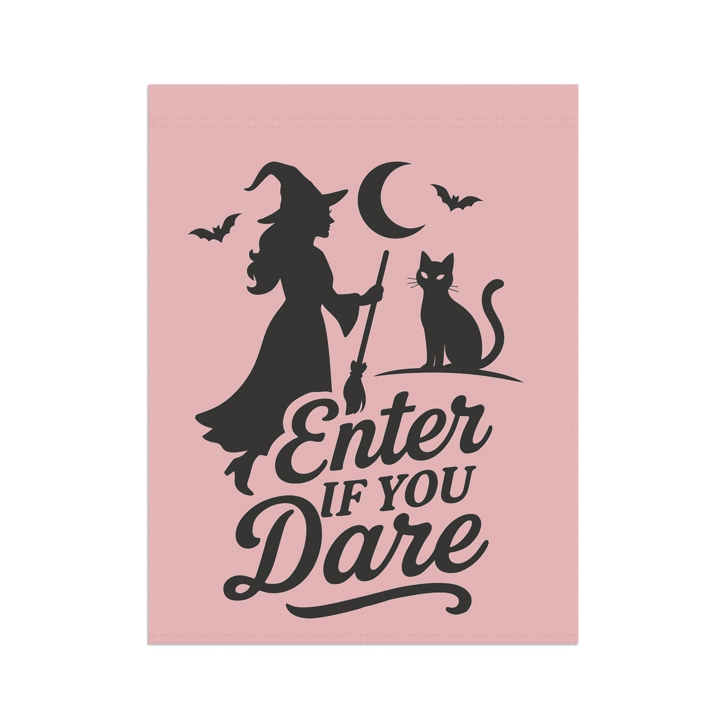 Pastel Gothic Witch Garden Flag – Pink Halloween Yard Flag, Black Cat Silhouette, Retro “Enter If You Dare”