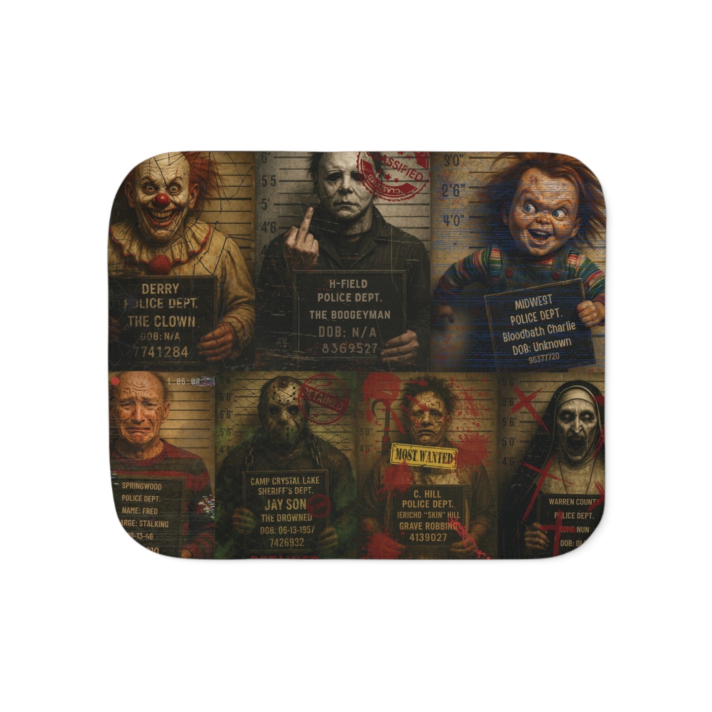 Horror Villains Mugshot Sherpa Fleece Blanket โ Premium Cozy Throw, 3 Sizes, Free Worldwide Shipping