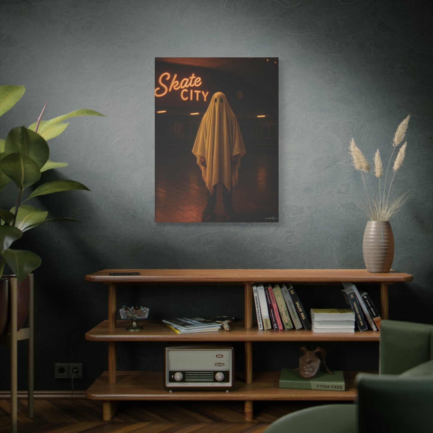 Ghost at the Roller Rink Canvas Wall Art β Retro 80s Nostalgic Halloween Decor