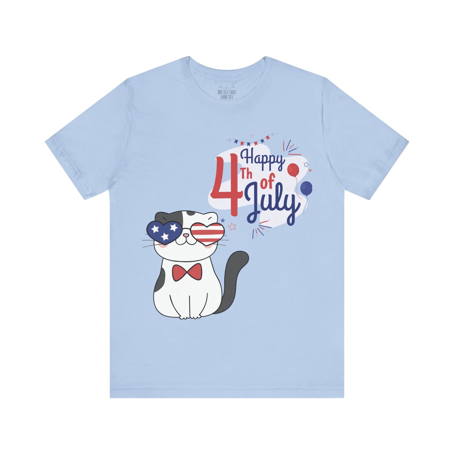 Patriotic Party Cat Tee – Happy 4th of July – Unisex Bella+Canvas Jersey Tee - 4th of July Tee