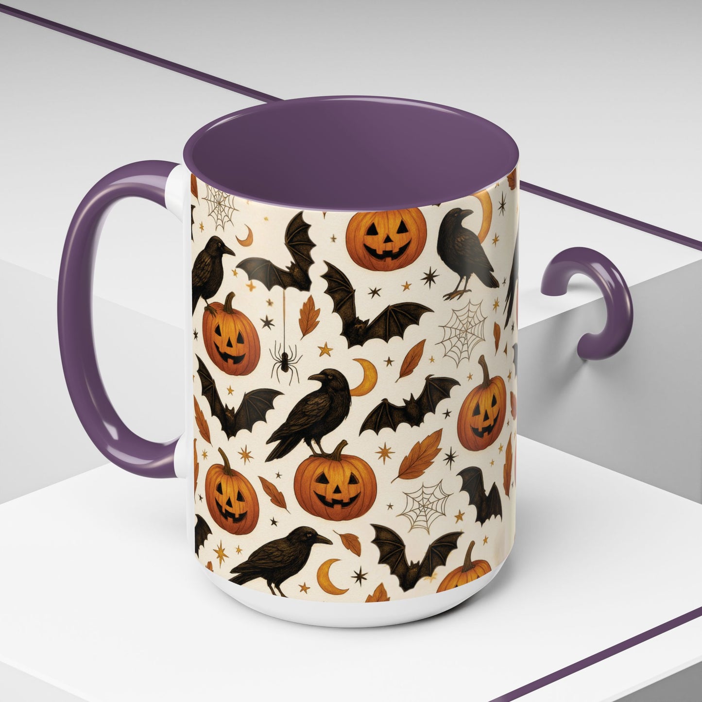 Halloween Raven & Pumpkin Color Accent Mug β Gothic Crow, Bats & Jack-oβ-Lantern Coffee Cup (11oz & 15oz) β Spooky Autumn Drinkware