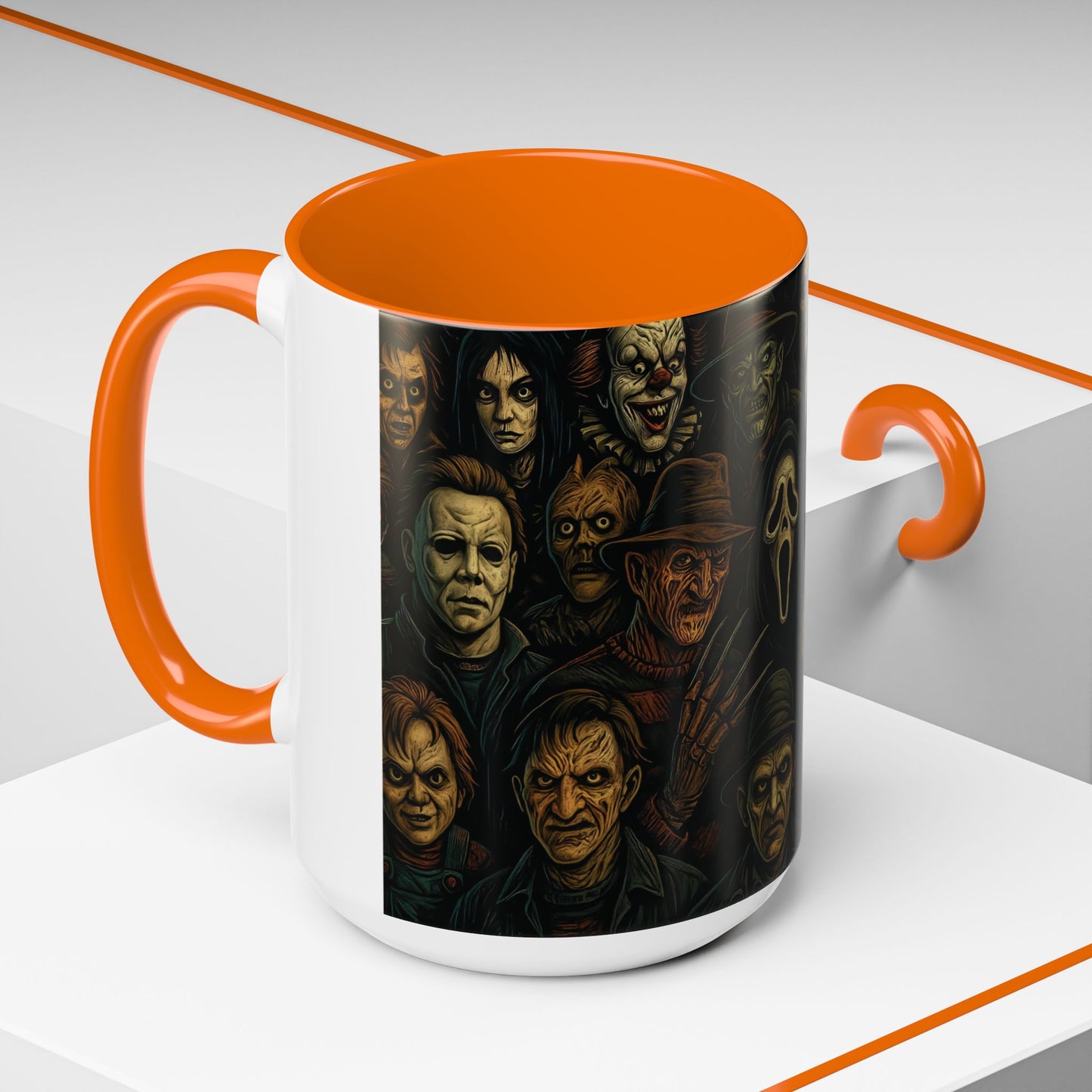 Horror Villain Collage Mug – 15oz & 11oz Ceramic Coffee Mug – Slasher Icons Halloween Gift – Goth Horrorcore Kitchen Decor