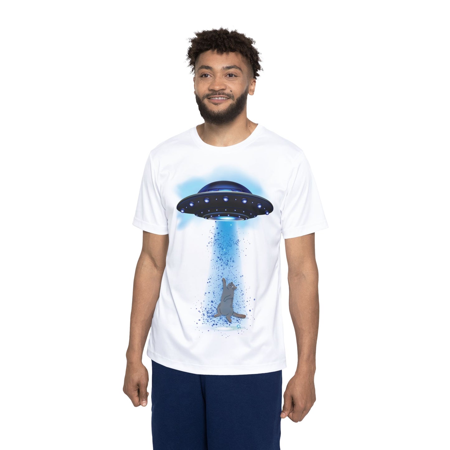 Cat Abduction Tee - Sports Jersey, Men's/Unisex Moisture Wicking AOP Tee, Large Print, Funny Cat T-shirt, UFO Shirt