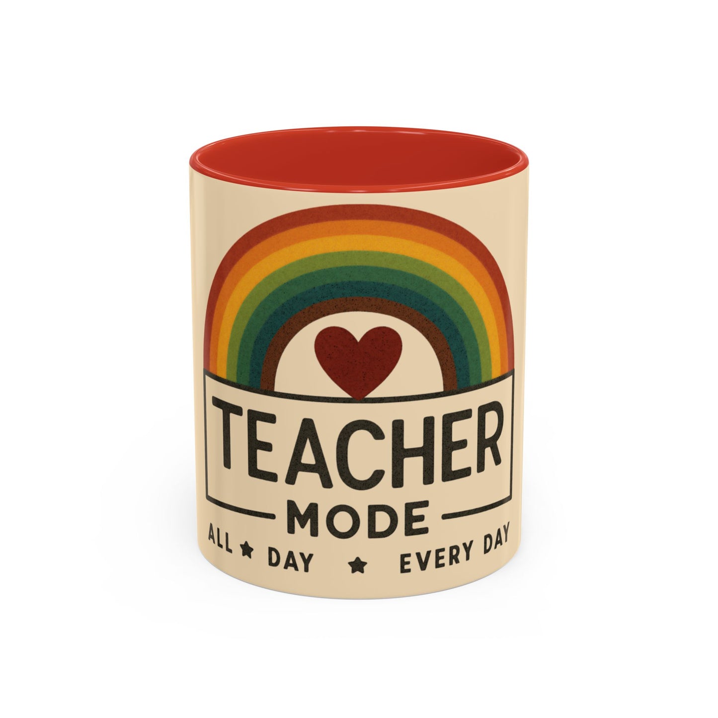 Teacher Mode – Color Accent Mug (11oz/15oz) • Rainbow Heart • Teacher Gift • Dishwasher & Microwave Safe