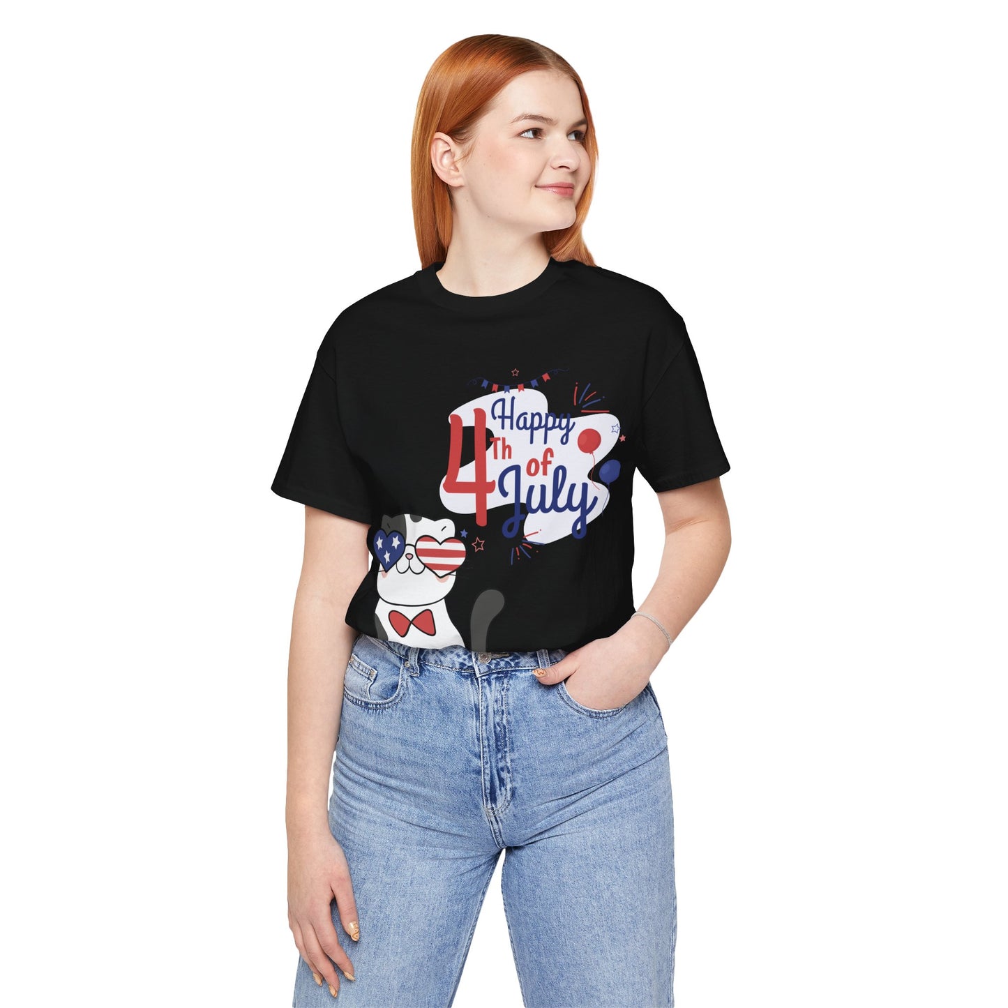 Patriotic Party Cat Tee – Happy 4th of July – Unisex Bella+Canvas Jersey Tee - 4th of July Tee