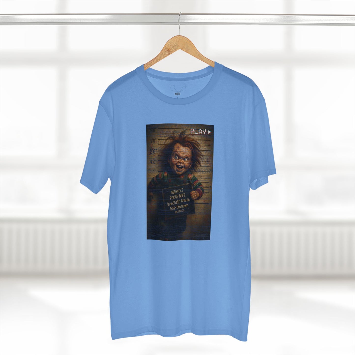 Creepy Killer Doll Mugshot T-Shirt – Halloween Horror Tee, Boutique DTG Print, Premium Cotton Tee, 90s VHS Aesthetic