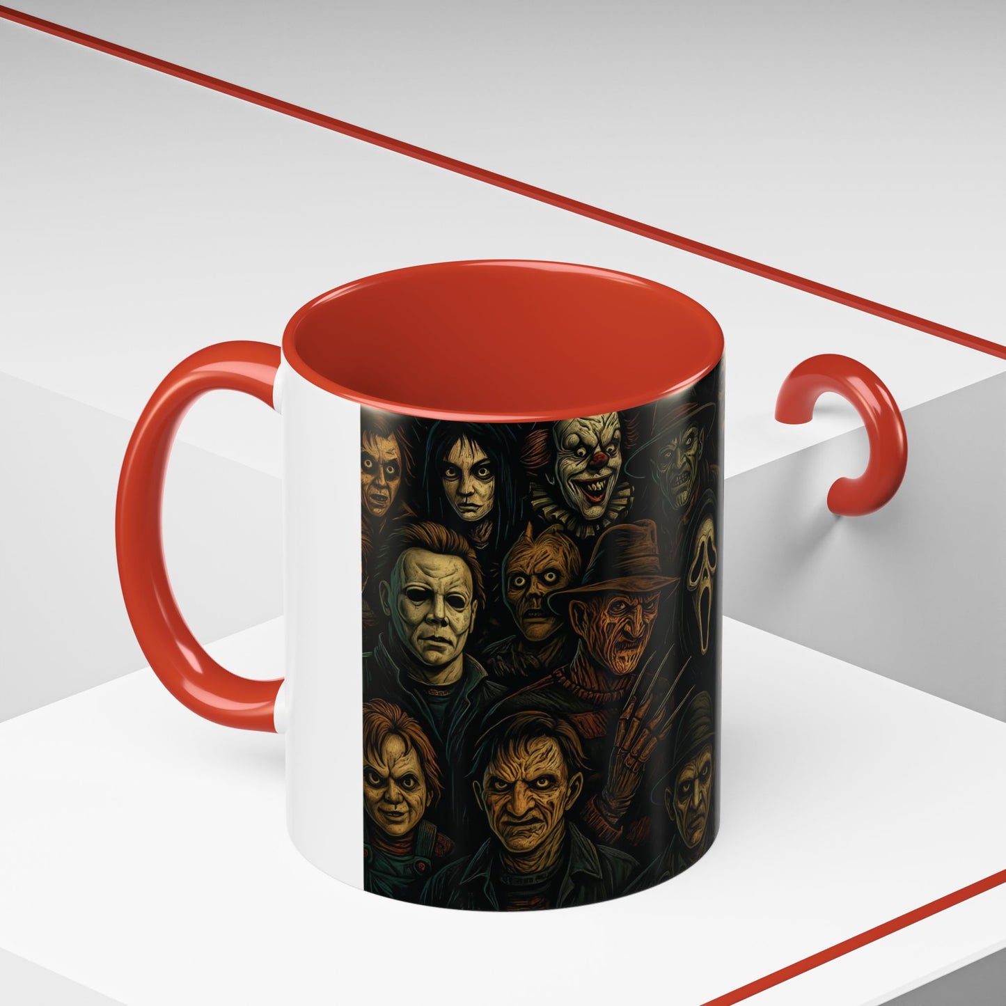 Horror Villain Collage Mug – 15oz & 11oz Ceramic Coffee Mug – Slasher Icons Halloween Gift – Goth Horrorcore Kitchen Decor