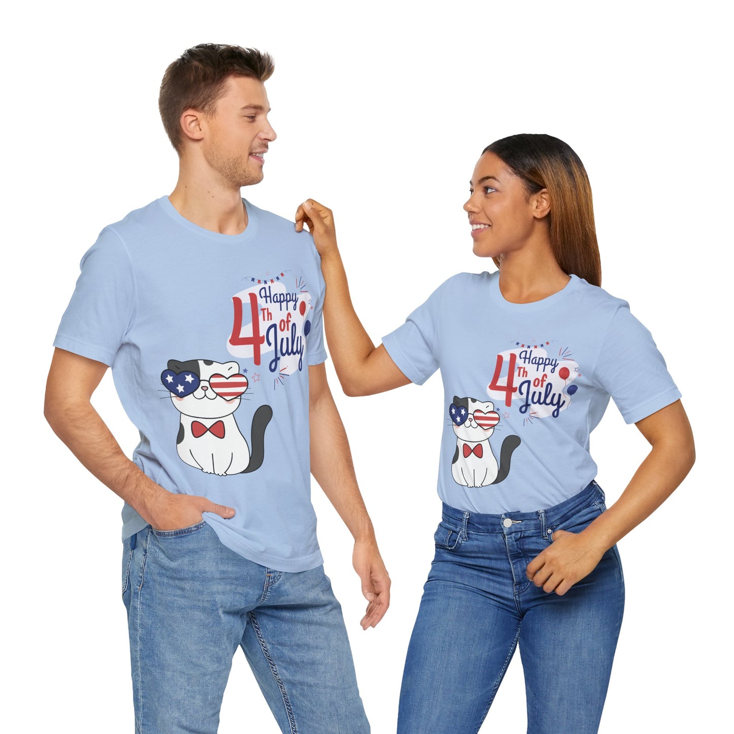 Patriotic Party Cat Tee – Happy 4th of July – Unisex Bella+Canvas Jersey Tee - 4th of July Tee