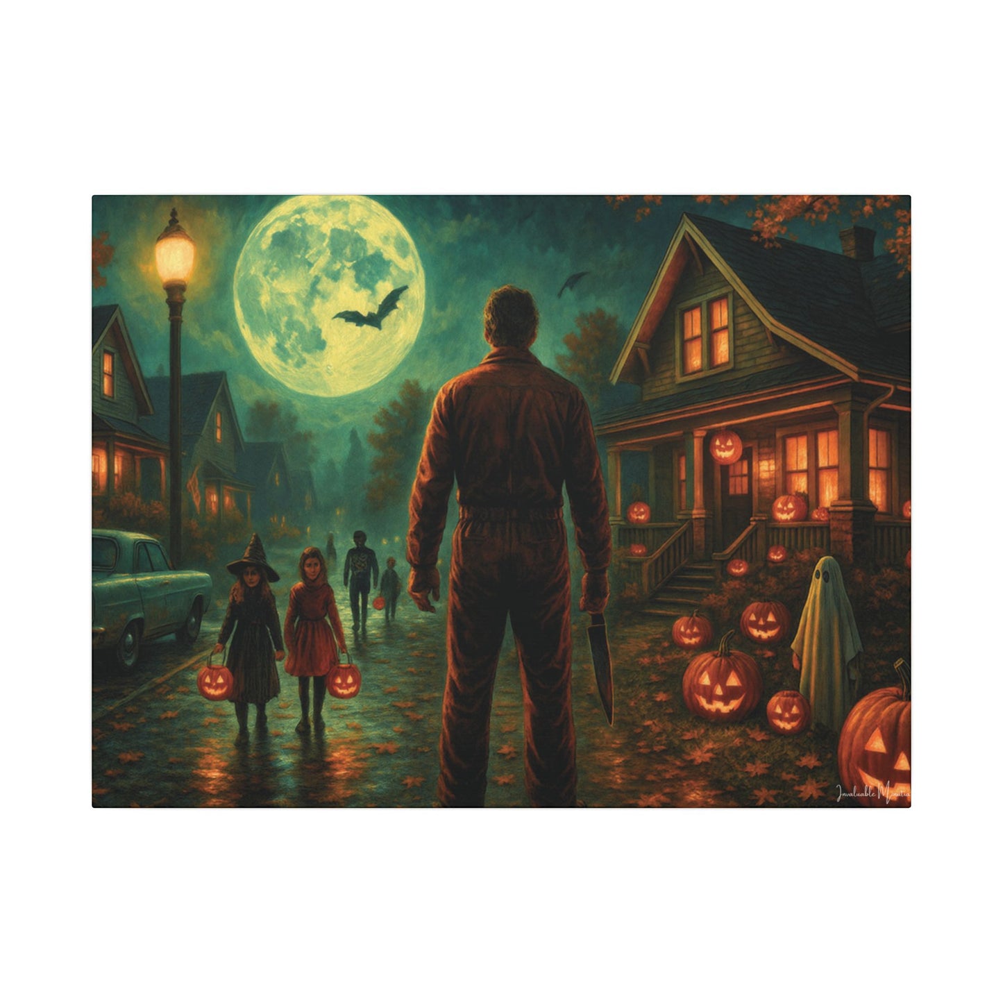 Halloween Neighborhood Scene Canvas Print β Retro Suburban Trick-or-Treat, Glowing Pumpkins & Full Moon Wall Art