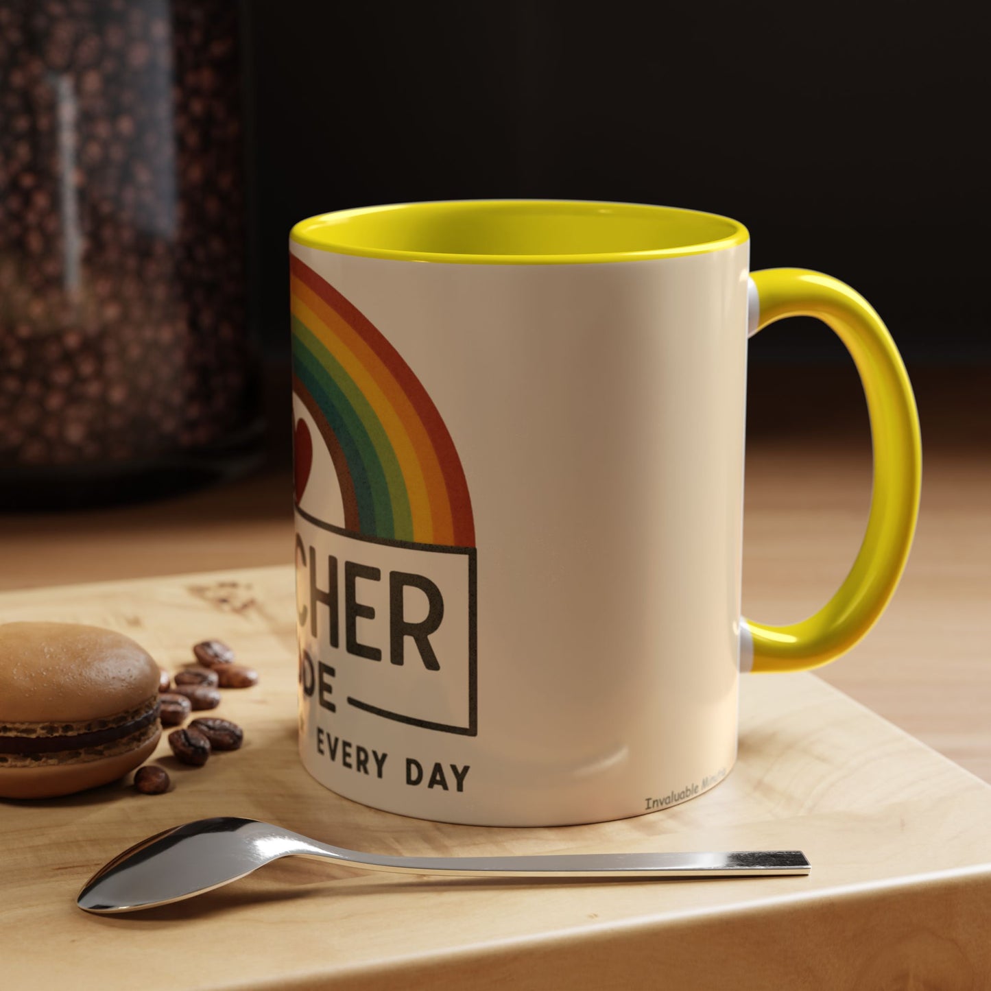 Teacher Mode – Color Accent Mug (11oz/15oz) • Rainbow Heart • Teacher Gift • Dishwasher & Microwave Safe