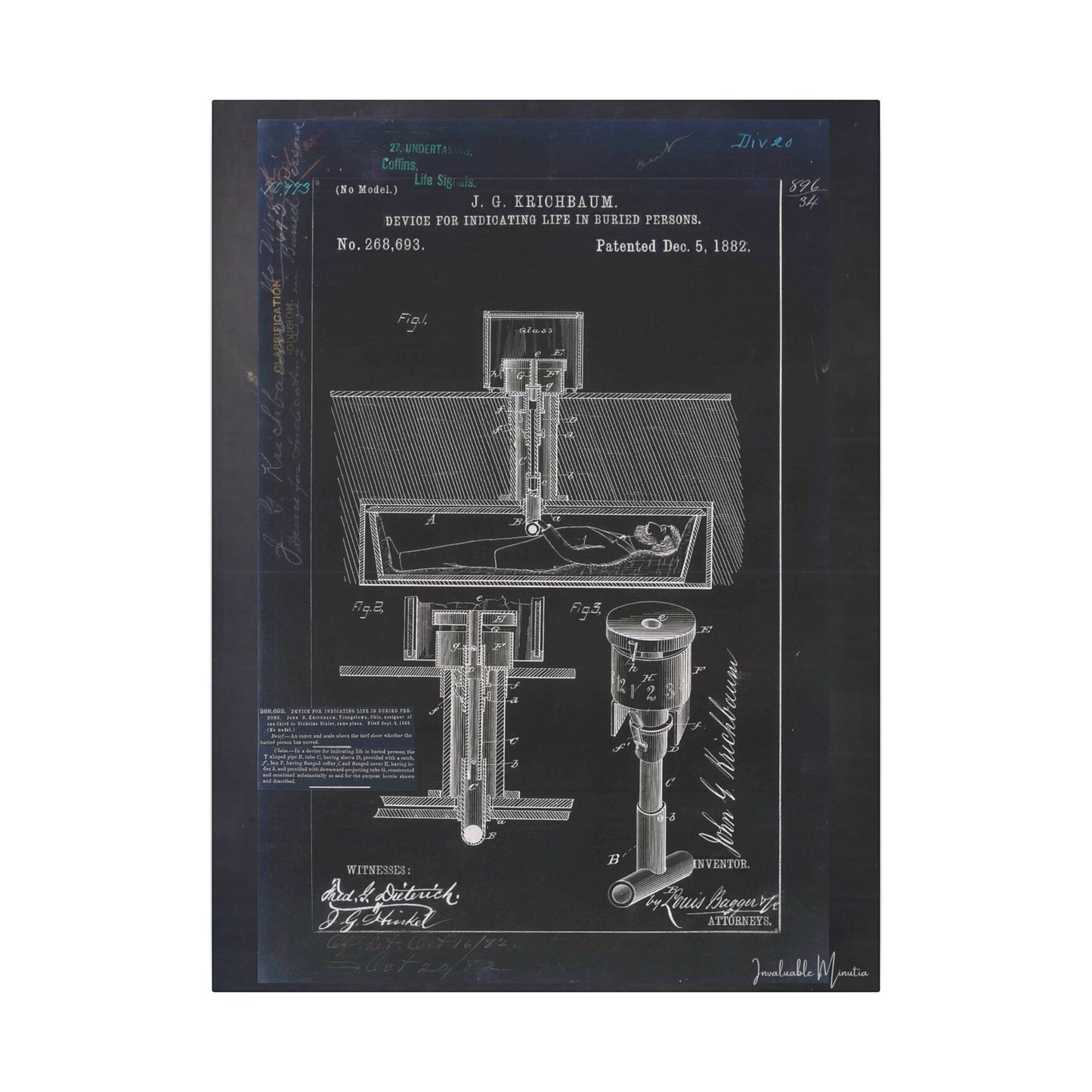 Safety Coffin Patent Print (1882) β Gothic Blueprint Canvas Wall Art