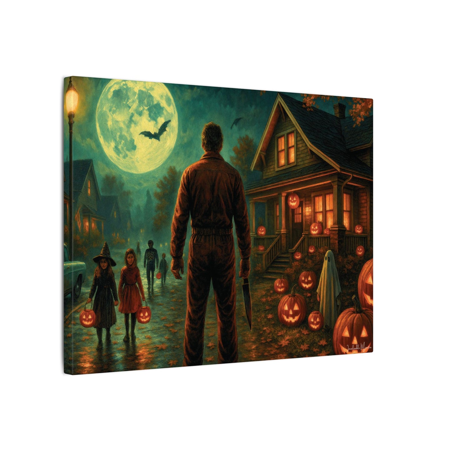Halloween Neighborhood Scene Canvas Print β Retro Suburban Trick-or-Treat, Glowing Pumpkins & Full Moon Wall Art
