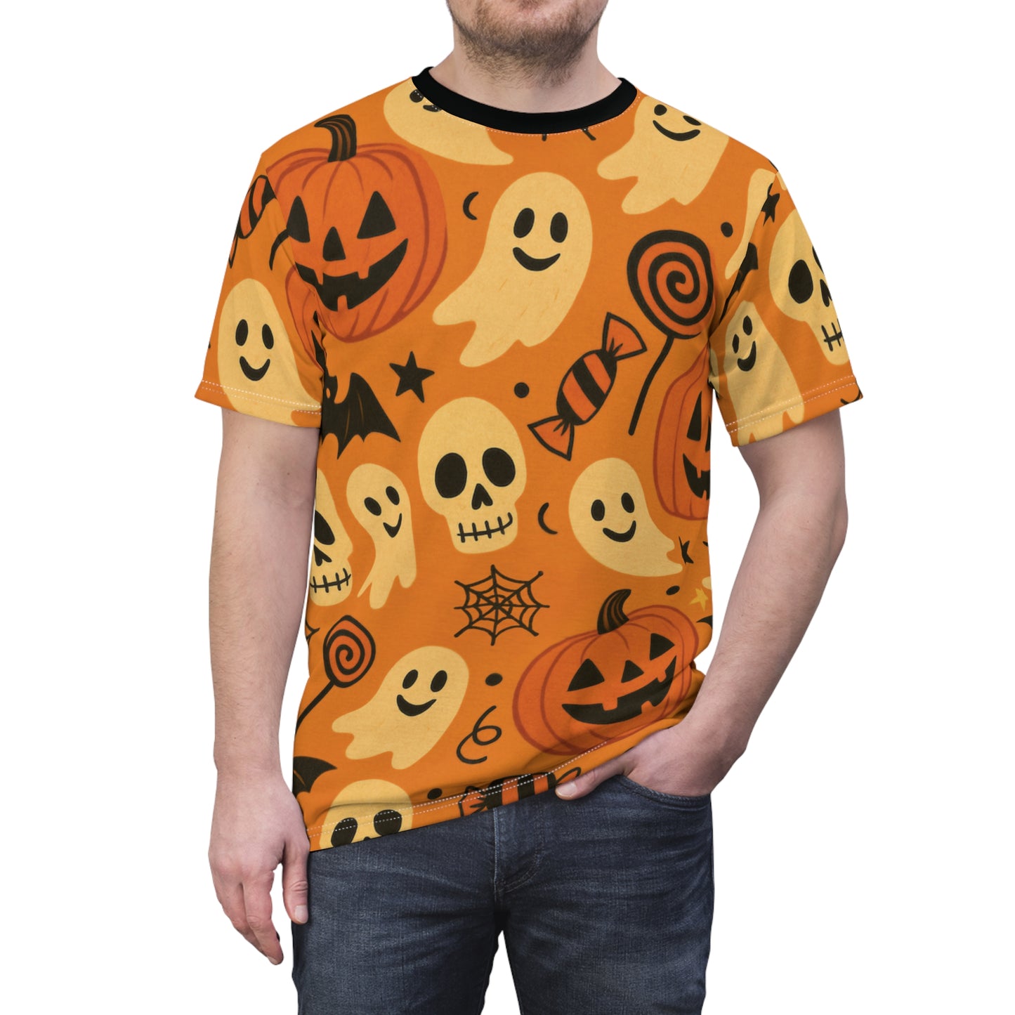 Trick or Treat All-Over Print Tee – Vintage Halloween Ghosts & Pumpkins