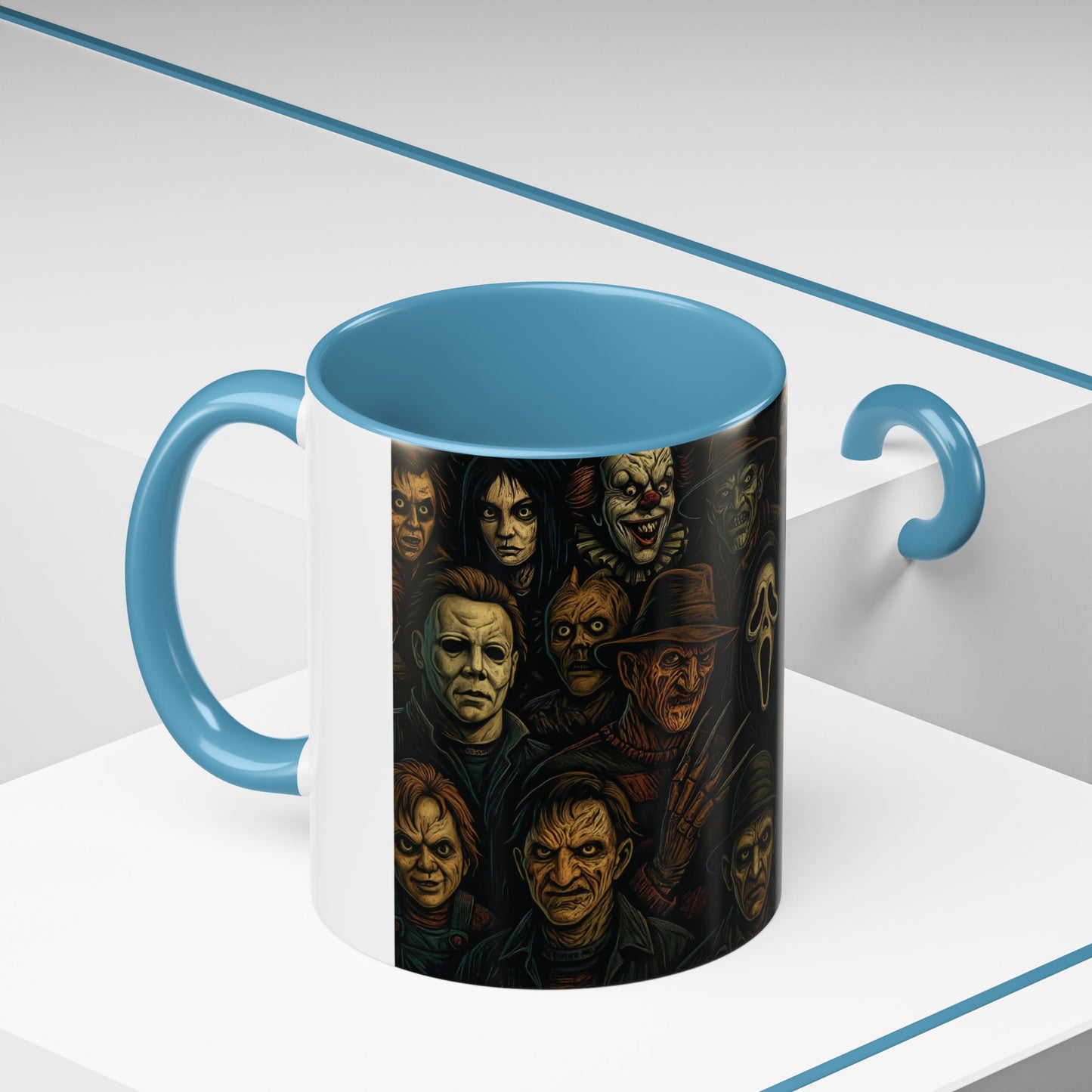 Horror Villain Collage Mug – 15oz & 11oz Ceramic Coffee Mug – Slasher Icons Halloween Gift – Goth Horrorcore Kitchen Decor