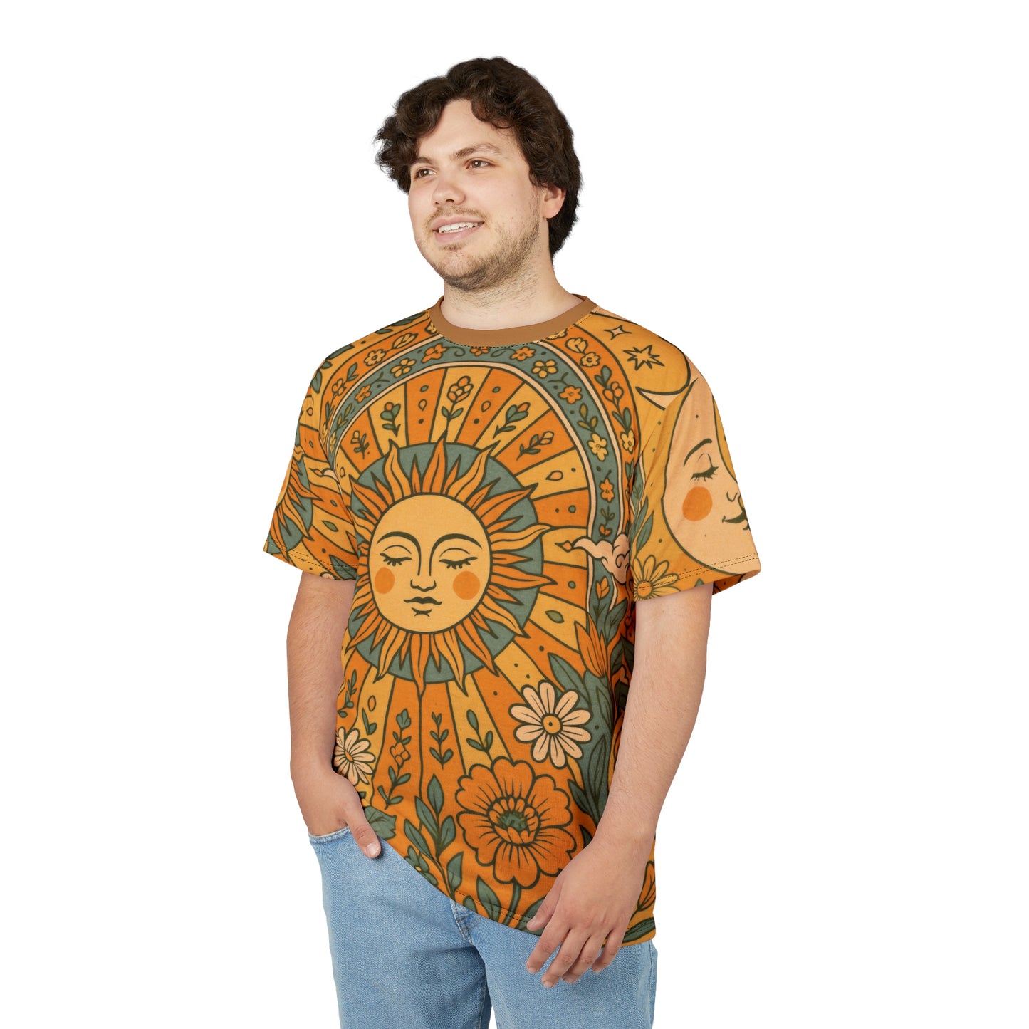 Sun & Moon Boho Vibes Unisex Cut & Sew Tee | AOP Shirt, Boho Style Tee, Perfect for Summer, Gift for Nature Lovers, Festival Wear
