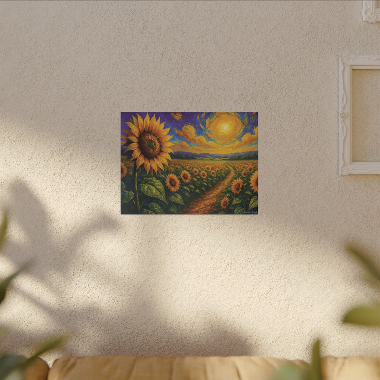 Sunflower Field Canvas Wall Art β Vibrant Golden Blooms, Van Gogh Inspired Sky, Horizontal Landscape Print