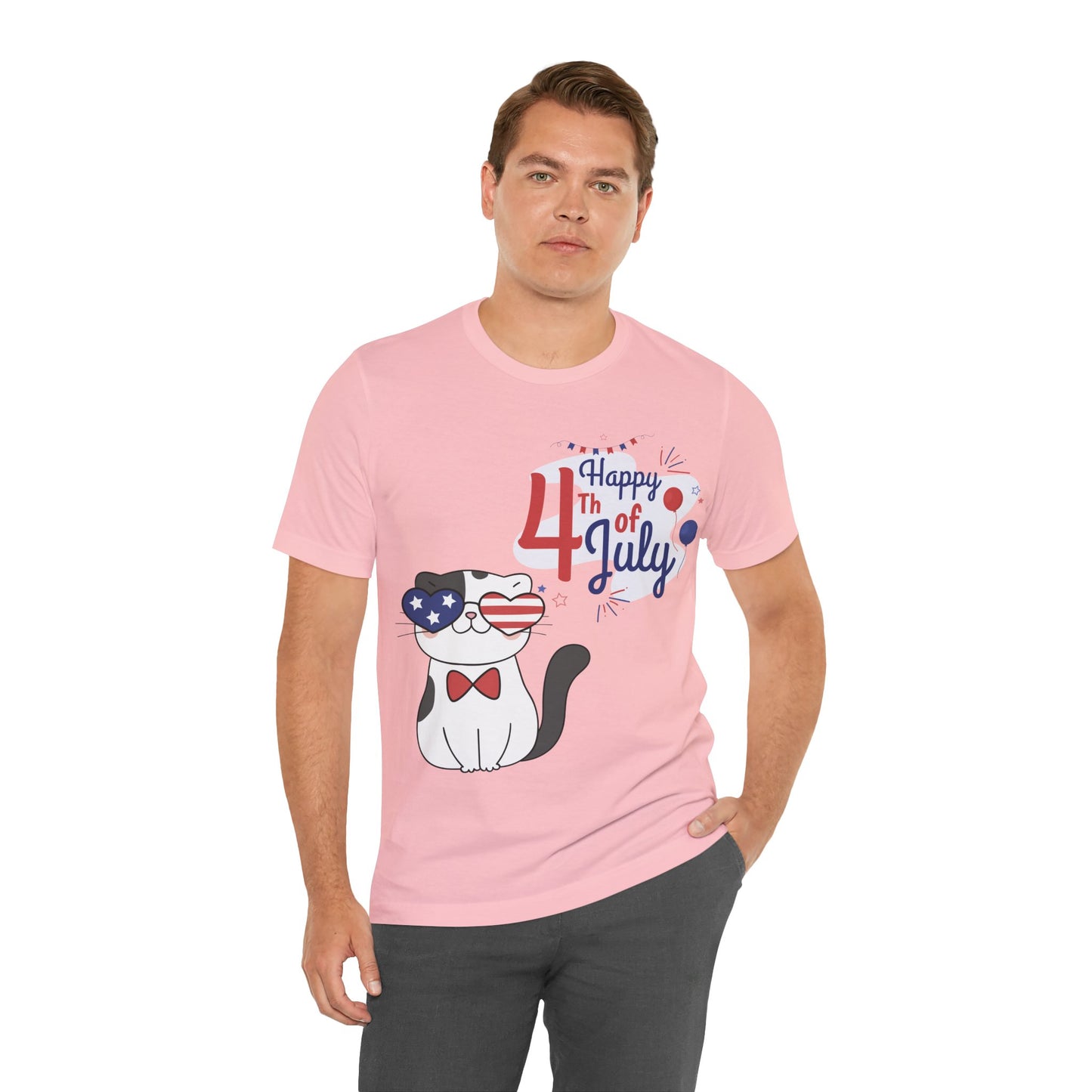 Patriotic Party Cat Tee – Happy 4th of July – Unisex Bella+Canvas Jersey Tee - 4th of July Tee