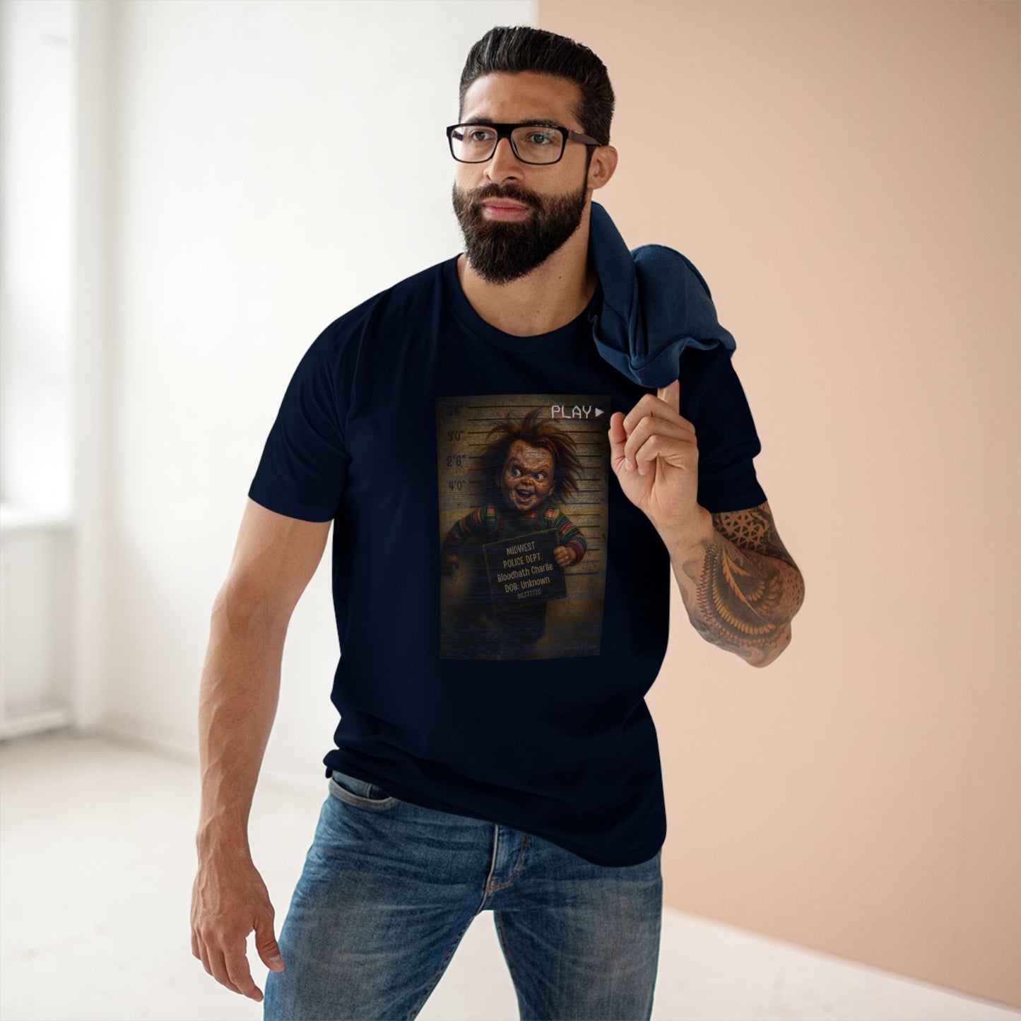 Creepy Killer Doll Mugshot T-Shirt – Halloween Horror Tee, Boutique DTG Print, Premium Cotton Tee, 90s VHS Aesthetic