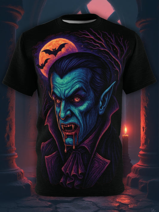 Vampyr AOP Halloween T-shirt – Neon Bloodthirsty Count Extra Large Print T-shirt (Heltryck)