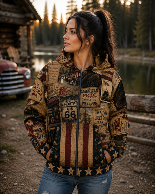 Americana Vintage Patriotic Collage Zip Up Hoodie
