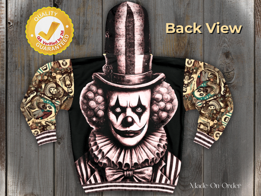 Vintage circus sideshow hoodie back design – dark carnival freakshow inspired streetwear hoodie