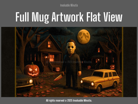 Full flat-view of Clay-Style Slasher Halloween Night mug artwork — eerie scene featuring masked figure under a full moon with pumpkins, autumn leaves, and suburban houses. Complete wrap-around design preview for 11oz and 15oz ceramic accent mugs. Boutique horror collection piece by Invaluable Minutia. InvaluableMinutia.com